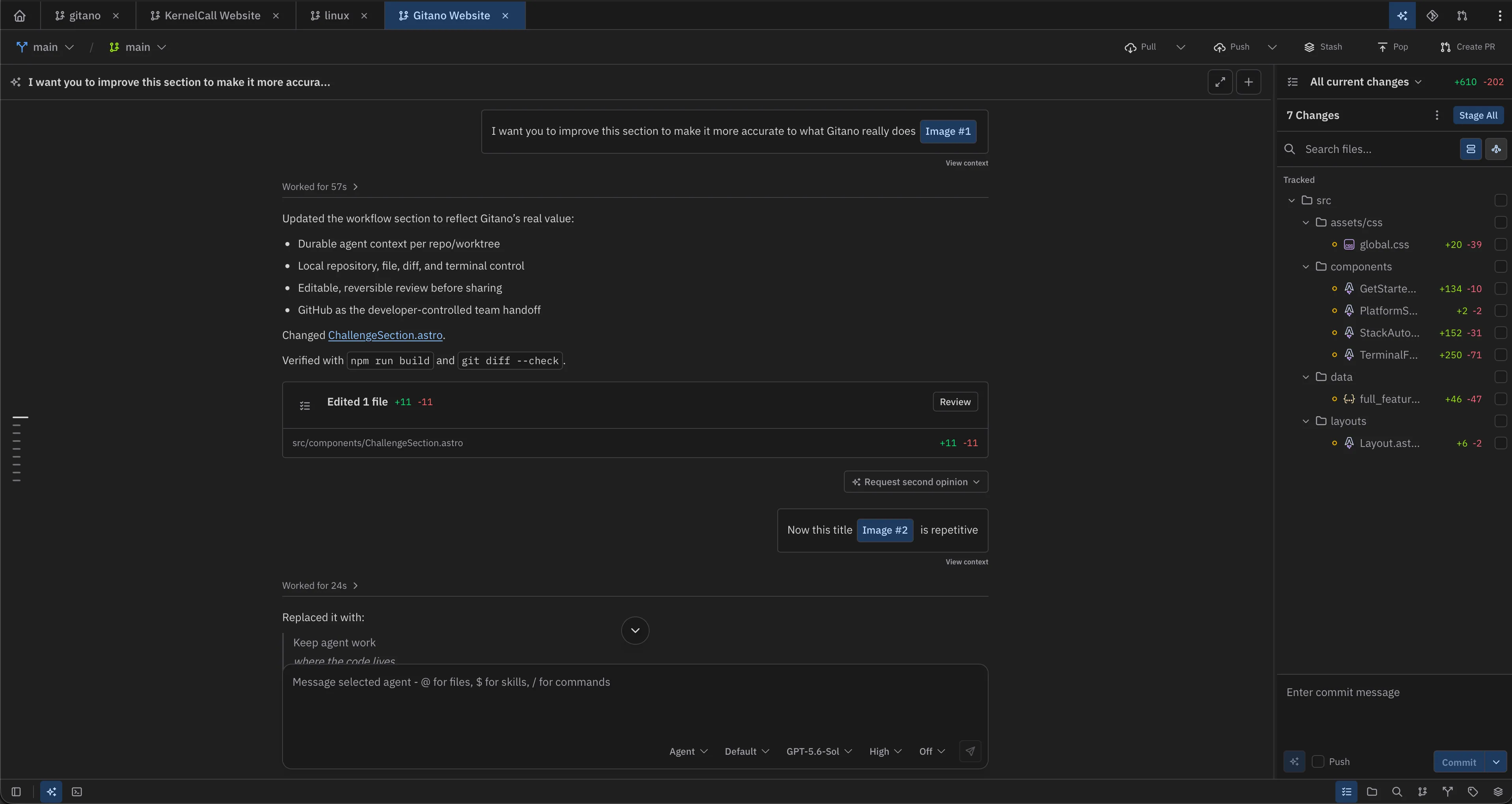 Maser agent session with repository tabs, conversation history, referenced images, current changes, and a message composer.