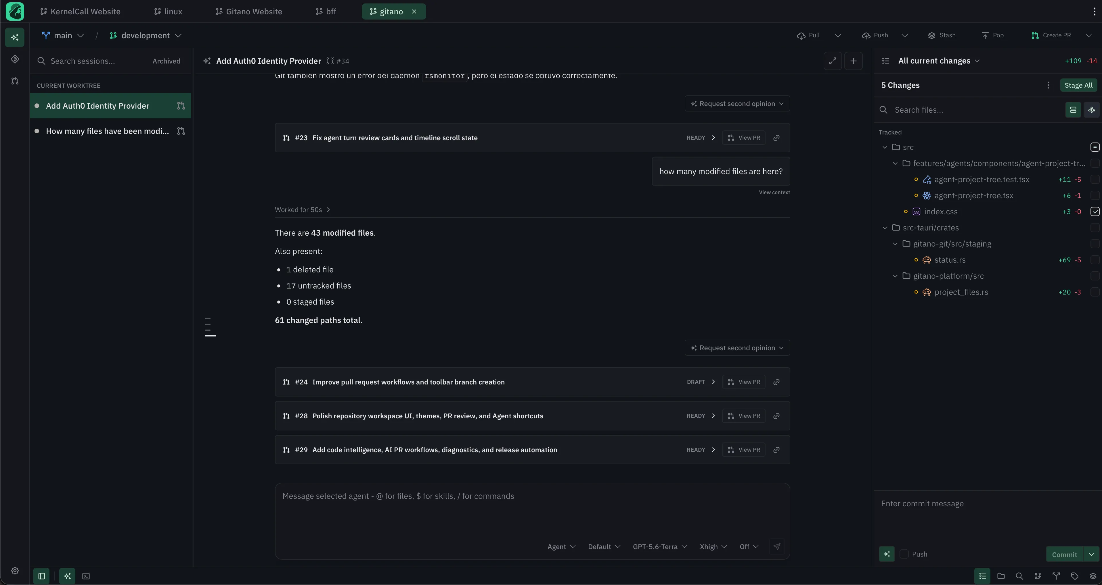 Maser agent workspace with an active session, repository context, current changes, and pull request controls.