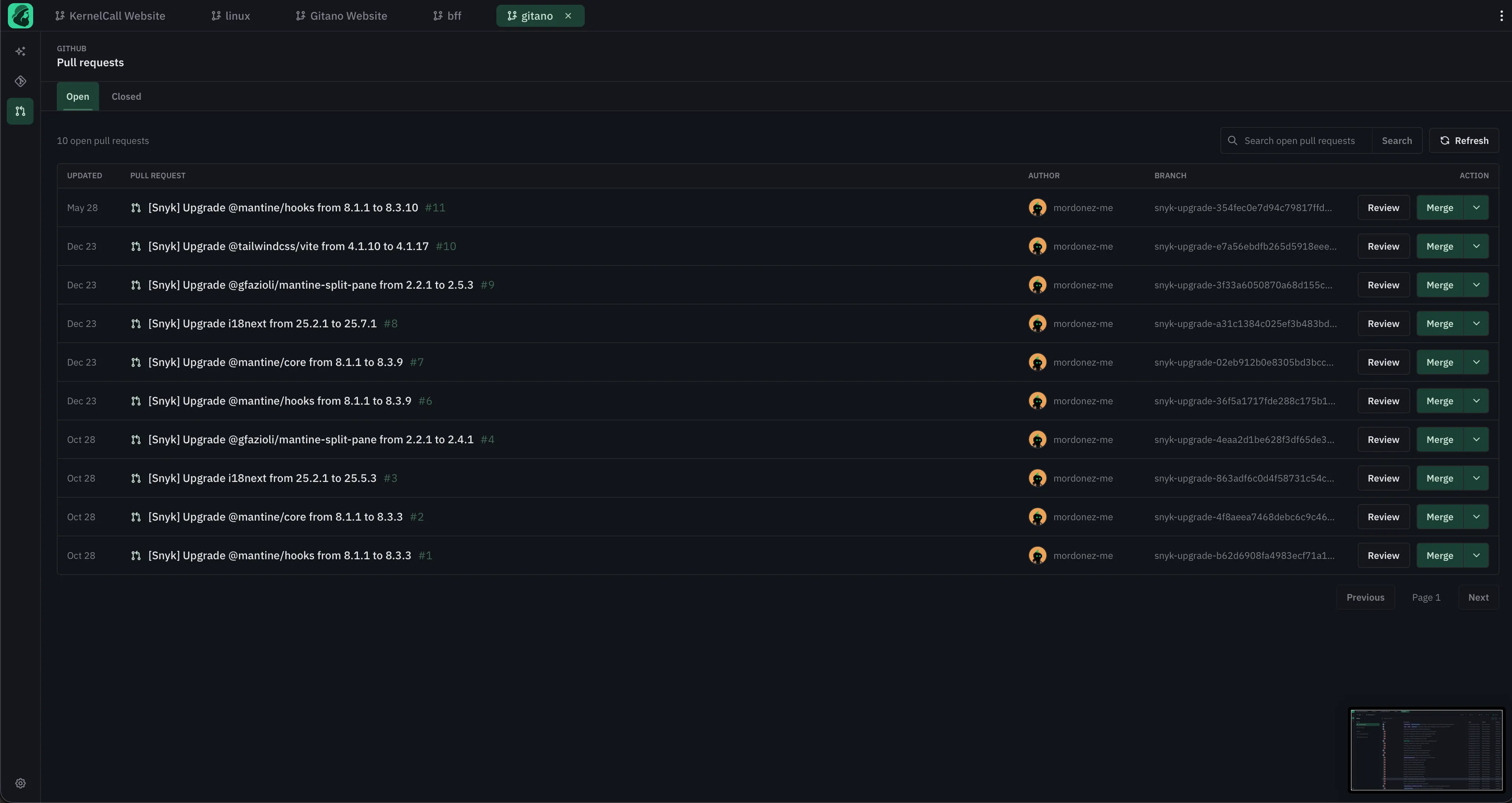 Maser pull request list with repository branches, authors, review actions, merge controls, and GitHub pull request context.