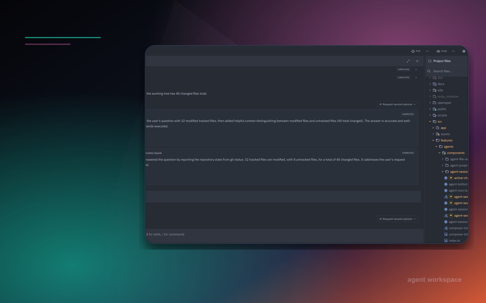 Maser agent workspace with chat, file tree, editor, and current changes visible together.