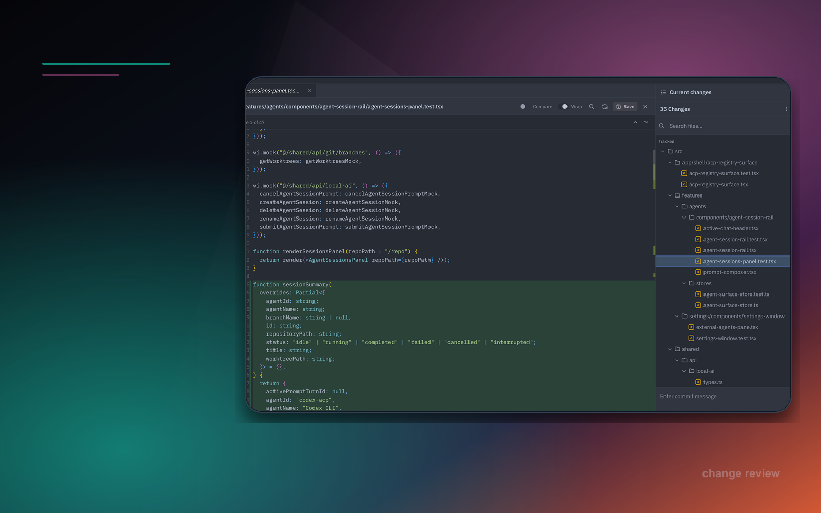 Maser working changes screen with file list, diff viewer, and commit area.