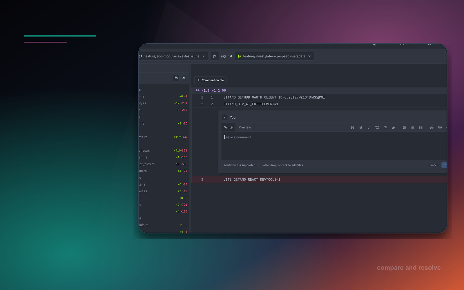 Maser branch comparison screen with changed files, diff context, and inline comment composer.