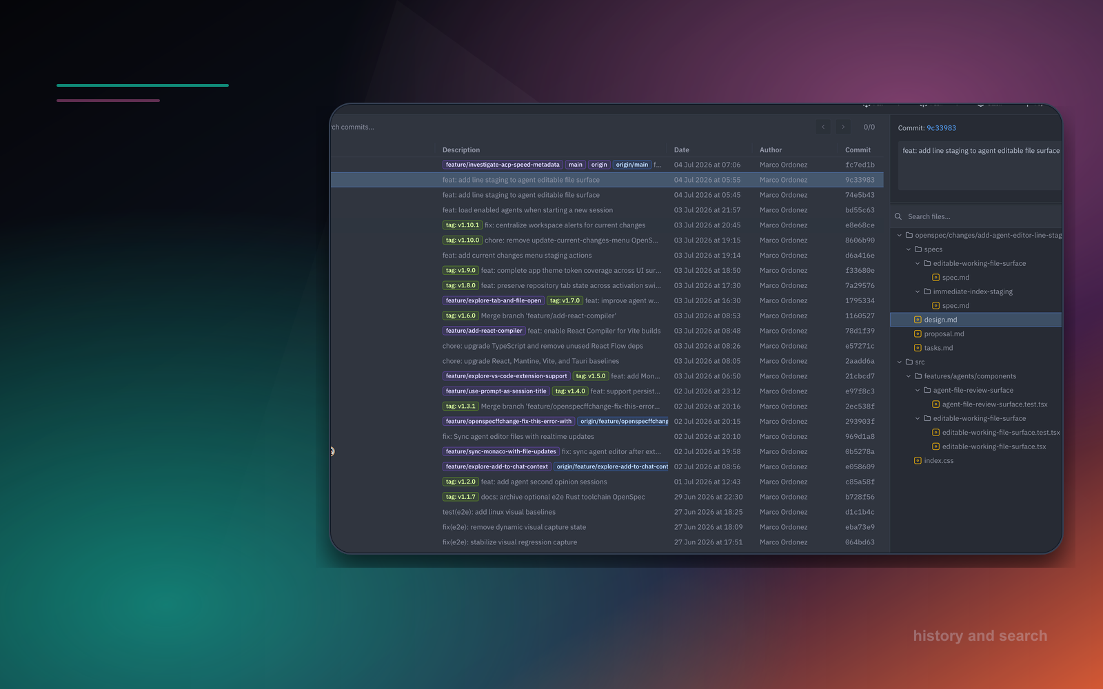 Maser commit history view with graph, changed files, and selected commit details.