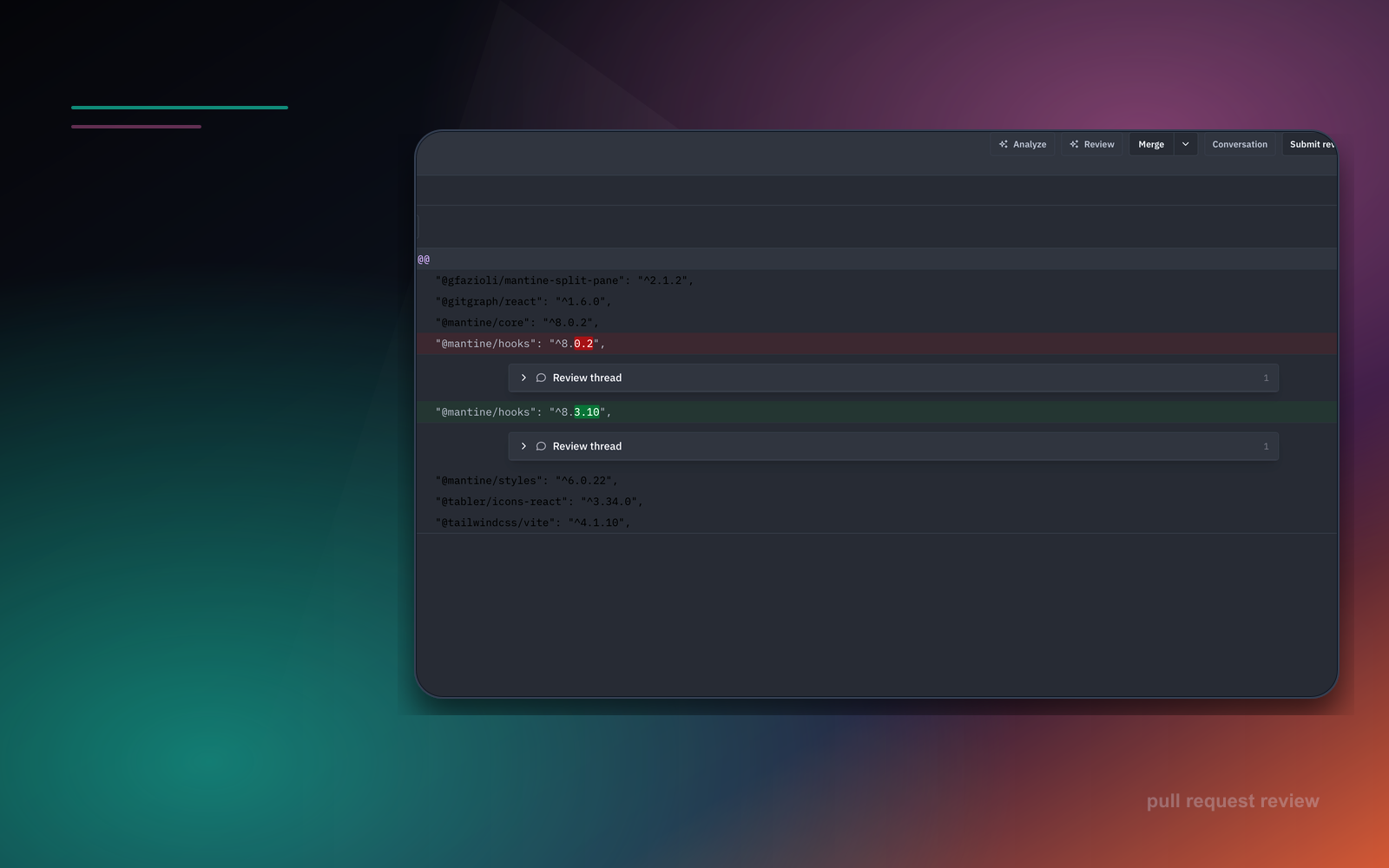 Maser pull request and branch review screen with diff files and review comments.