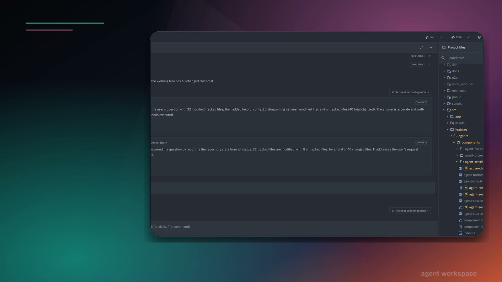 Maser desktop workspace with an agent session, changed files, commit history, and project tree visible together.